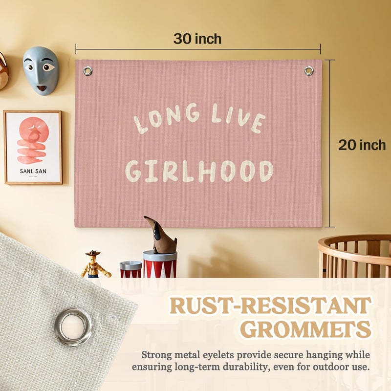 MOFUYU Girls Room Wall Art Decor,Long Live Girlhood Linen Canvas Banner–Pink Wall Hanging Flag Decor for Girls Room, Nursery Kids Bedroom Dorm Toddler Decorations - 20x30 Inch - Image 2